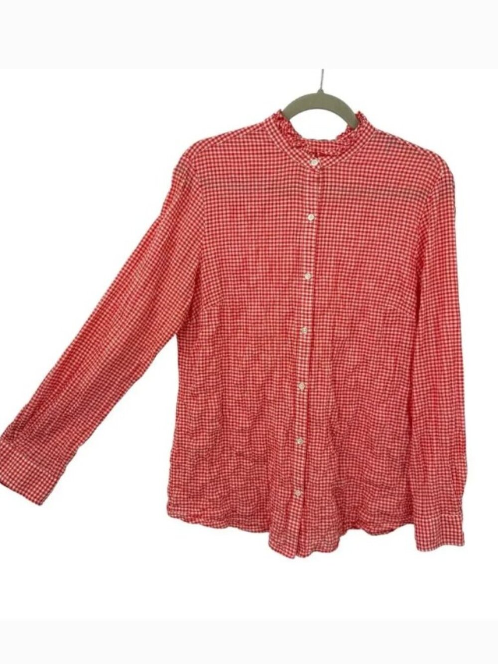 J Mclaughlin Orange Gingham Crinkle Long Sleeves Button Up Top Large. Like New